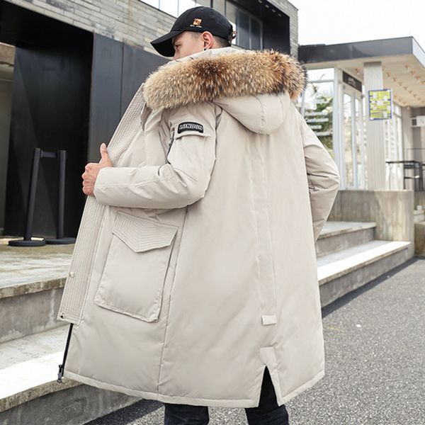 

men's down parkas men's white down jacket fashion thickened warm long wool collar big pocket safari down jacket men women korean s, Black