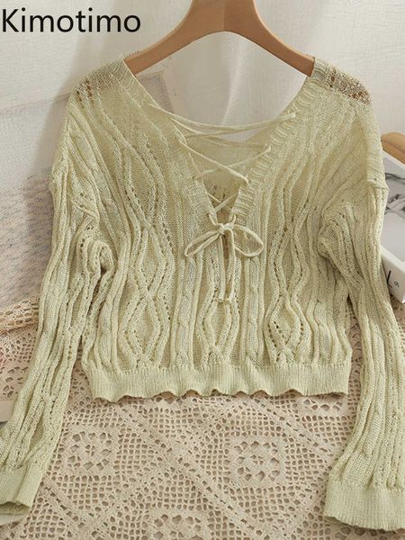 

women's sweaters kimotimo bow lace up low collar knitting 2022 summer transparent long sleeve sweater korean style soft sweater women, White;black
