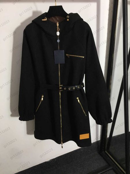 

womens coat wool blends presbyopia lining belt collect waist drawstring hooded trench coats reversible petal long sleeve pocket outerwear wo, Black