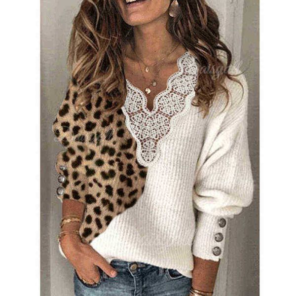

women's sweaters fashion women sweaters 2021 lace leopard patchwork vhals knitted women clothing loose women long sleeve sweater j22091, White;black