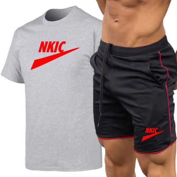 

new mens running set tracksuits breathable t-shirt shorts sport shorts sleeves sports suit fitness jogging men gym marathon clothes brand lo, Gray