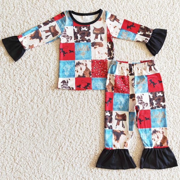 

western style baby girls pajamas set horse riding fashion kids sibling clothing sleepwear boys pajama boutique girl nightwear cow print, Blue;red