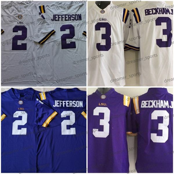 

lsu tigers 2 justin jefferson football jersey white purple 3 odell beckham jr. college mens stitched jerseys 150th patch, Black