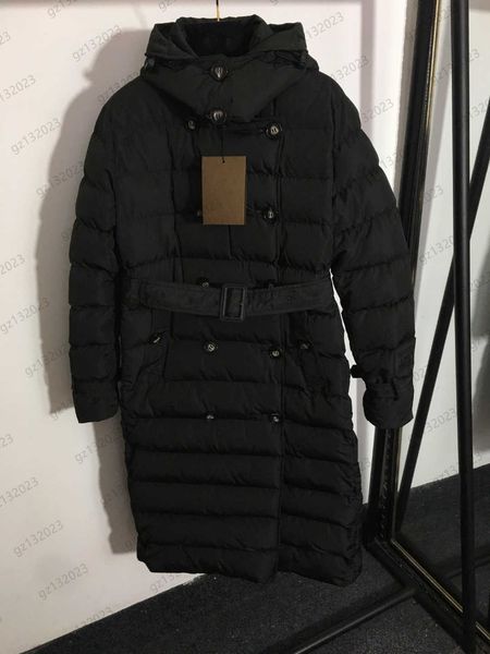 

puffer coat womens down parkas double row buttons open belt waist folding removable hooded winter coats solid color stand collar medium long, Black