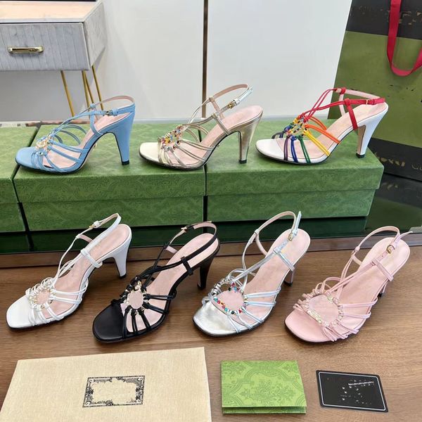 

2022 designer luxury rhinestone super high heels sandals classic womens leather casual shoes ladys buckles stiletto heels hollow open toe ro, Black