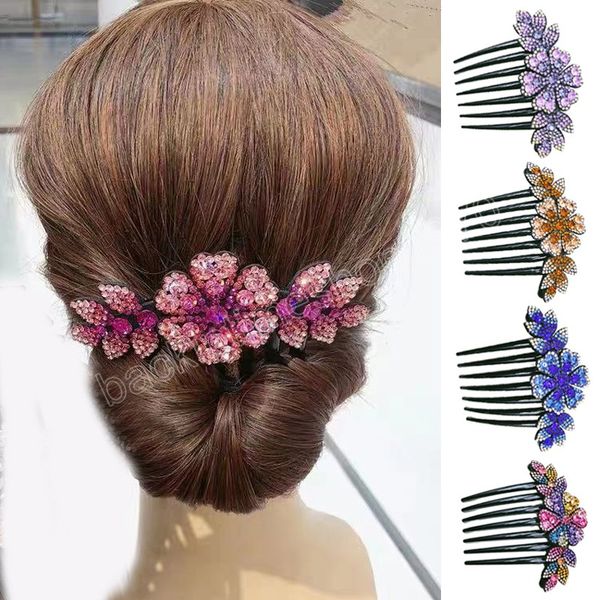 

vintage flower crystal hairclips fashion hair maker bun hair combs plastic shiny hairpins for women wedding hair accessories, Slivery;white