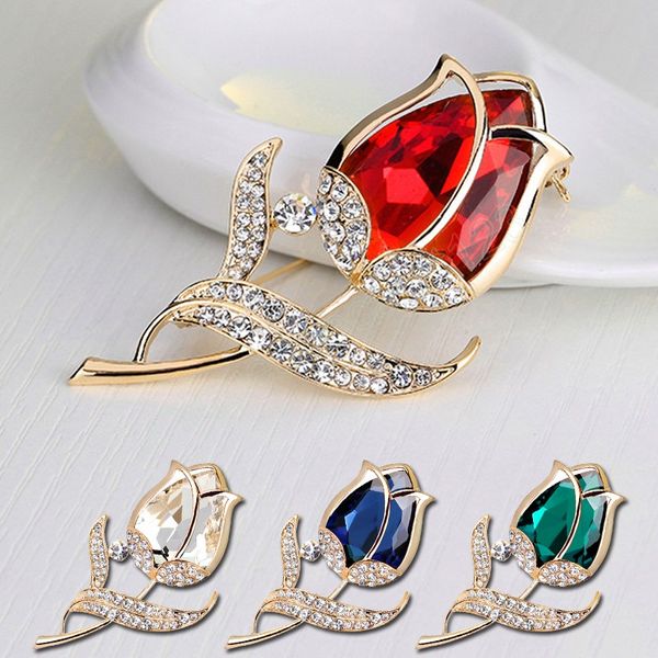 

women's elegant tulip flower brooch pins rhinestone crystal for female dress coat accessories fashion brooch jewelry, Gray