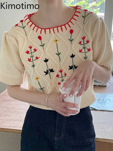 

women's sweaters kimotimo embroidery short sleeve sweater women french chic sweet round neck crop sweater summer age reduction knit swe, White;black