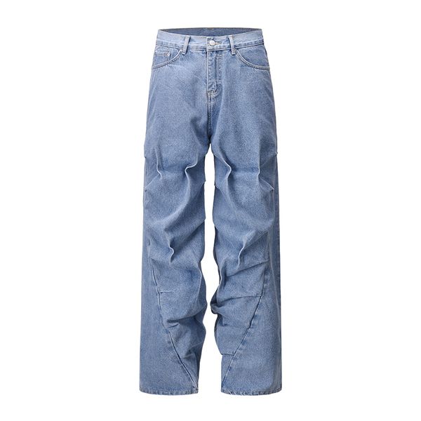 

high street wide leg blue men's jean pants straight casual denim trousers