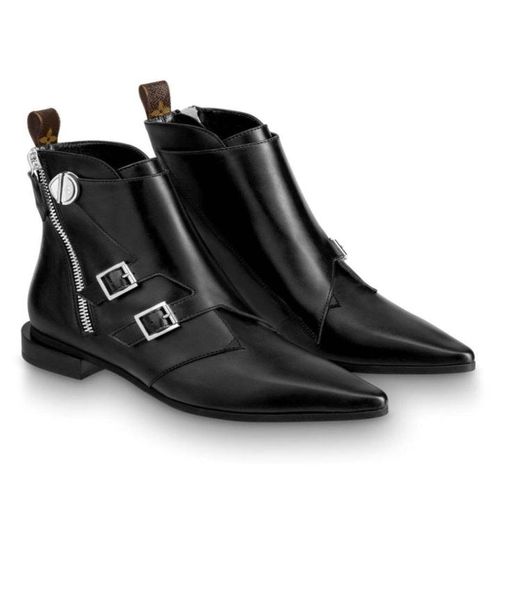 

flower tip side zipper and ankle boots lady woman punk belt button stitching zipper boot leather girl3726451, Black