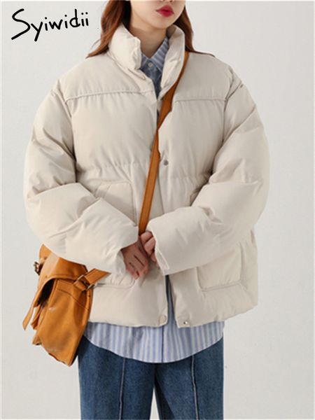 

women's down parkas syiwidii jacket women oversized stand collar zipper button casual coats thicken warm autumn winter outerwear 221124, Black