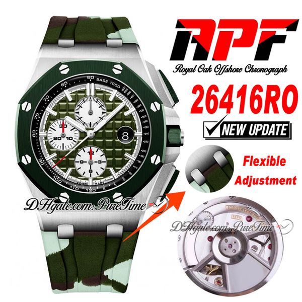 

apf 2641 a3126 automatic chronograph mens watch 44 green silver textured dial stick markers camouflage rubber super edition puretime strap e, Slivery;brown