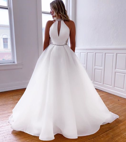 

a line wedding dresses 2023 simple heyhole high neck crystals bridal gowns white organza robe de mariage