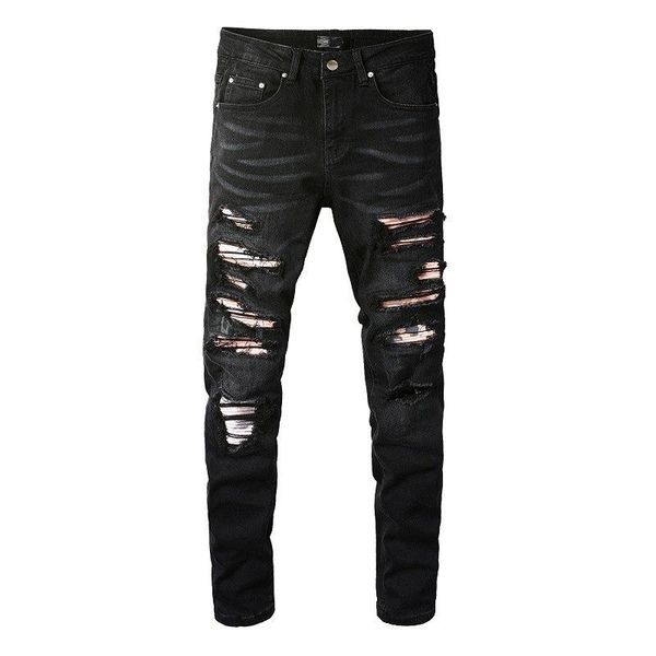 

new style mens jeans slim fit streetwear patchwork trousers for men pocket zipper pencil black pants, Blue