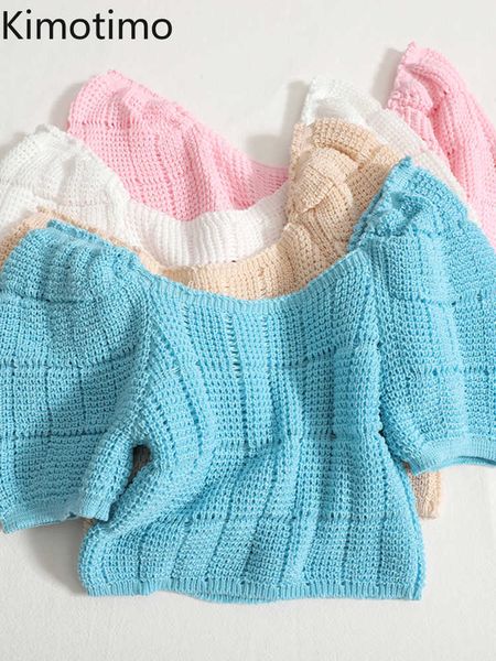

women's sweaters kimotimo one shoulder hollow out knitted women 2022 summer solid puff sleeves crop sweater korean in simple casual sw, White;black