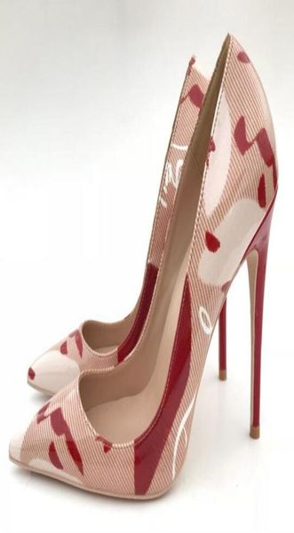 

fee women pumps nude patent leather stamp print pointed toe high heels bride wedding shoes pumps real po 12cm 10cm 8cm8166574, Black