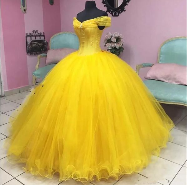 

yellow cinderella quinceanera dresses plus size off shoulder cosplay puffy skirt tulle lace-up corset prom sweet 16 dress, Blue;red