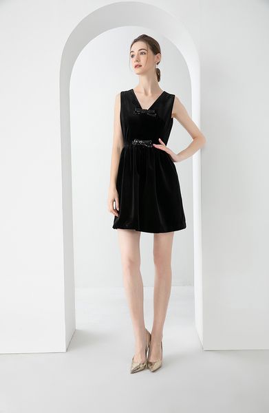 

casual dresses european station 2023 vintage dress high-end luxury women's bottomed vest dress black velvet, Black;gray