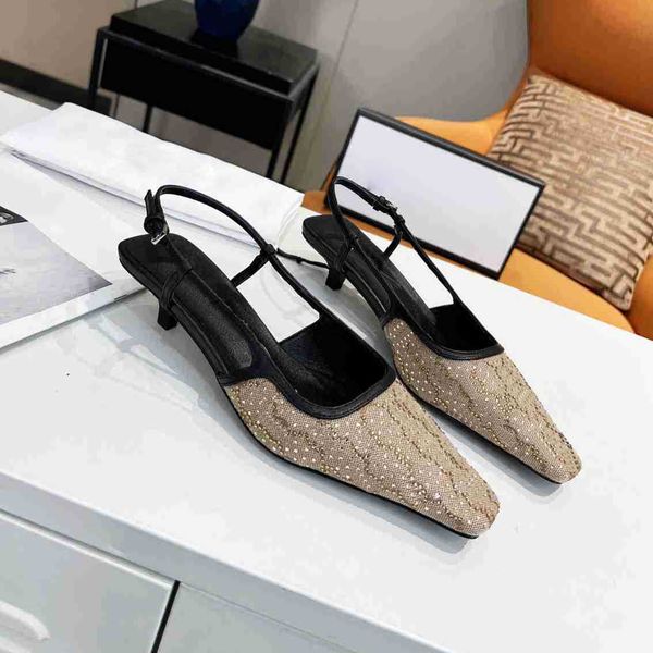 

designer slingback sandals pumps presented in black mesh crystals women dress shoes with buckle wedding party heels with box size 35