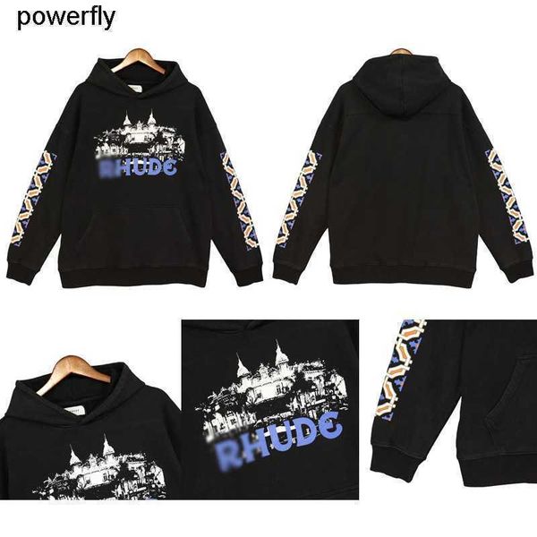 

men's hoodies sweatshirts rhude fashion autumn new castle print couple pullover washed sweater streetwear hoodie, Black