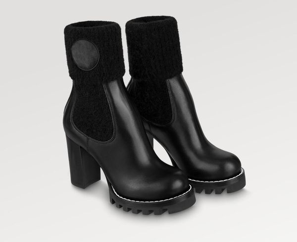 

luxury women star star trail ankle high boots letter flower printed booties designer lady lace chunky heel rubber outsole leather boot, Black