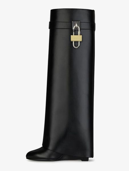 

designer luxury women boots leather silver gold asymmetric metal padlock heel height 9 cm size 35408579656, Black