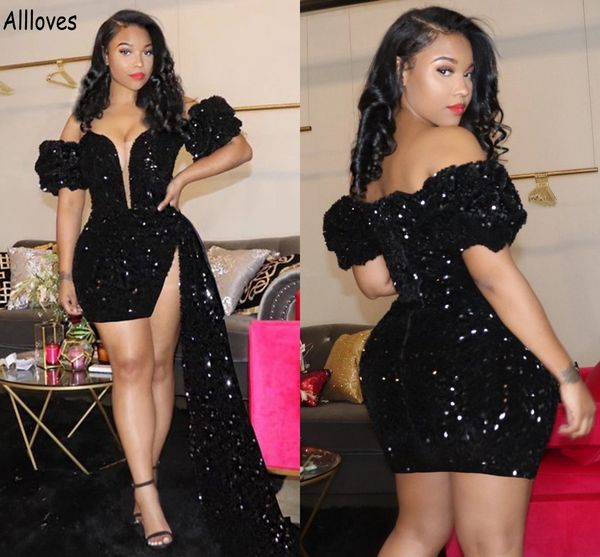 

sparkly black sequined short prom dresses off the shoulder peplum cocktail party gowns arabic aso ebi plus size women formal 301c