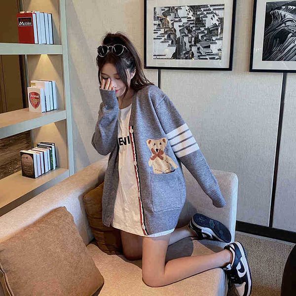 

tb embroidery v-neck autumn sweater french loose warm cardigan small coat, White