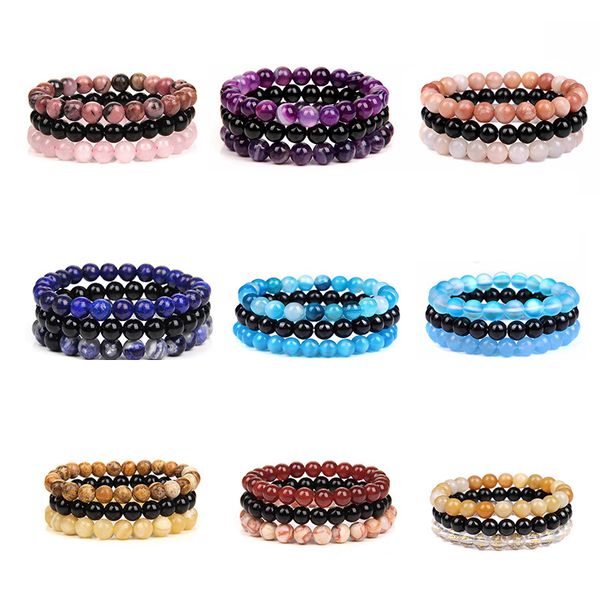 

8mm natural stone strands beaded bracelet rose pink quartz turquoise amethysts hematite bracelets for women men jewelry, Black