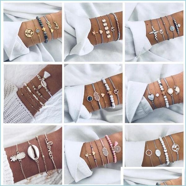 

charm bracelets 5pcs geometric hollow electric map conch combination layered bracelet set beaded mtiple stackable jewelry dr dhgarden dhu8j, Golden;silver