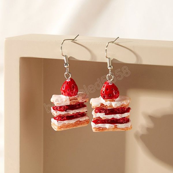 

cute resin three-tiered strawberry cake dangle earrings for women girls korean kawaii ear jewelry fashion gifts, Silver