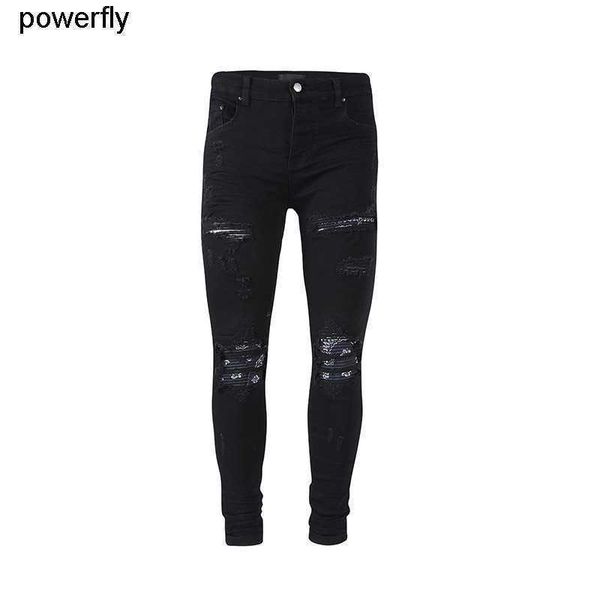 

men's jeans designer amirs wash water black hole black cashew flower patch elastic slim jeans men women fashion brand pants, Blue