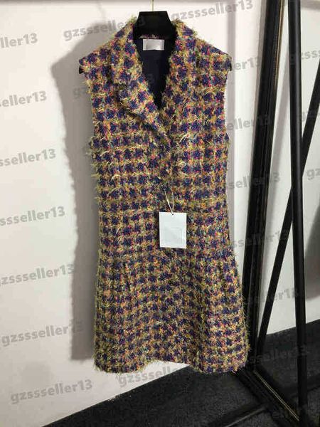 

luxury designer dress brand women clothing chn colorful wool fringe plaid logo jacket dress tweed slim fit collar sleeveless tank dresses, Black;gray