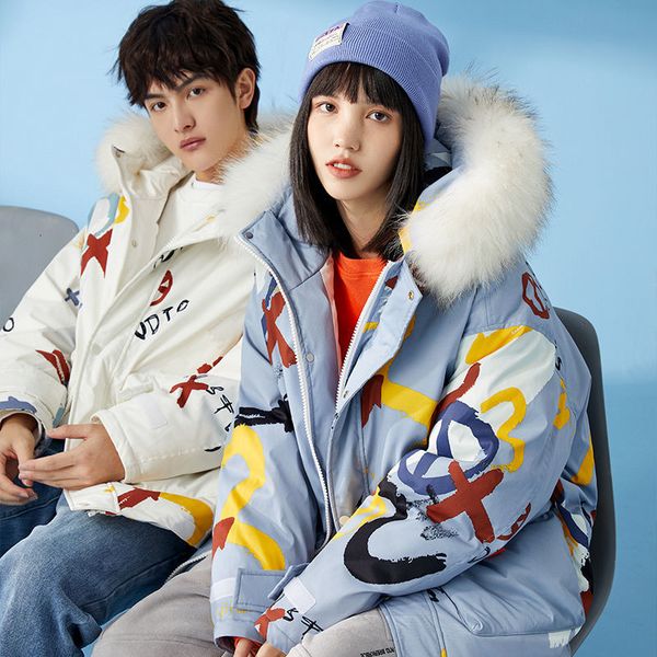 

men's down parkas winter men's white down jacket hip hop couple's thickened warm hooded fur collar fashion little devil print, Black