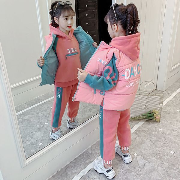 

clothing sets children plus velvet padded tracksuit kids warm 3pcs set girls pullover hoodies cotton vest thick sweatpants suit 3 4 5 10 12y, White