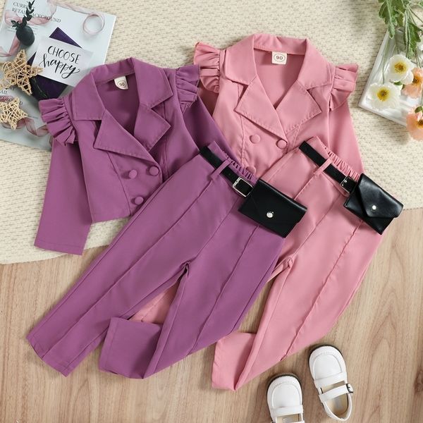

clothing sets 16y kids girls autumn clothes set with belt bag baby ruffle long sleeve lapel blazer outwear pants 3pcs children outfits 22112, White