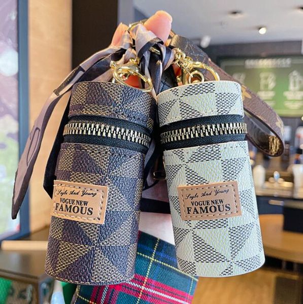 

designer letter key rings silk scarf lipstick keychains fashion pu leather purse pendant car keyring chain charm brown flower mini bag trink, Silver