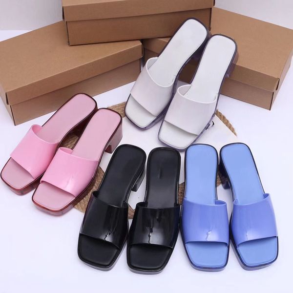 

new slippers luxury designer sandals summer candy-colored high heels rubber jelly shoes square toe flip-flops outdoor beach shoes boots 36-4, Black