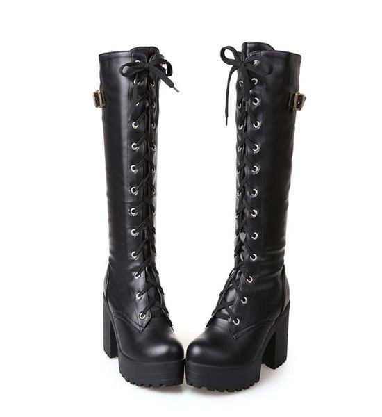 

gothic square chunky block high heels riding boots women lace up thick platform rock punk cosplay knee high boots shoes3234442, Black