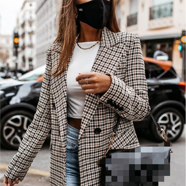 

women's suits blazers autumn plaid women's blazer coat long sleeve button turndown collar pocket female blazers fashion office cas, White;black