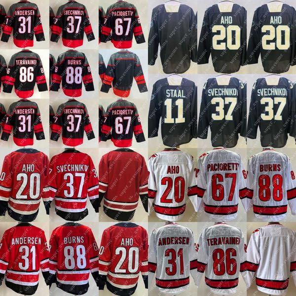 

20 sebastian aho jersey 88 brent burns 67 max pacioretty 37 andrei svechnikov 11 staal 31 frederik andersen teuvo teravainen hockey jerseys&, Black;red