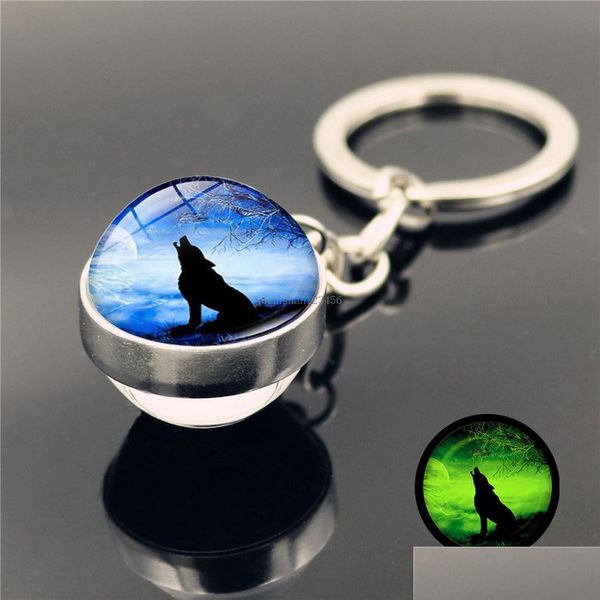 

key rings glass cabochon glow in the dark luminous keychain wolf keyring key holders bag hang fashion jewelry drop delivery dh49t, Slivery;golden