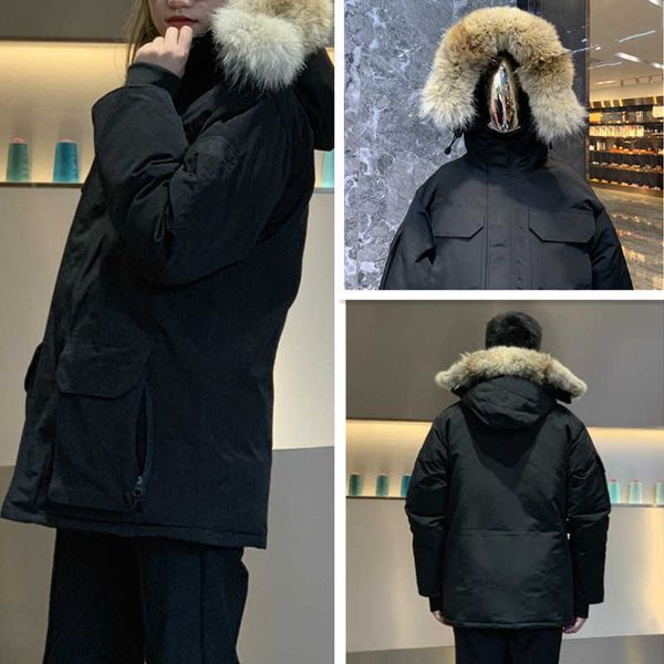 

winter jackets goose down coat real wolf fur big pockets thick jacket duck fashion hooded out clothes warm parka mens coats 4 style choose, Black