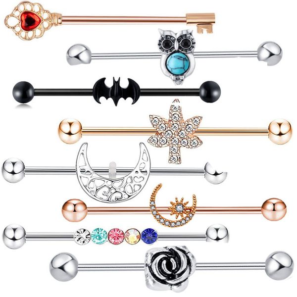 

8 barbell piercing nose ears brow body lift nipple tongue lips belly button jewelry 14g external thread long rod piercing diamond rings, Slivery;golden