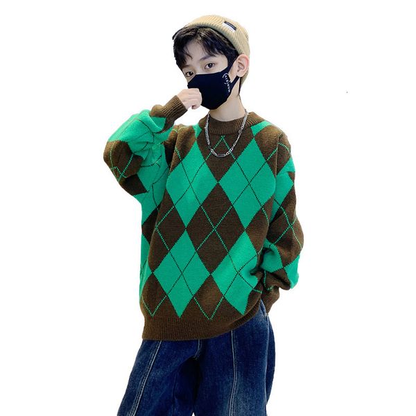 

cardigan fashion thick knitted sweats for boys autumn winter diamond print warm children's clothing round neck pullover 414 yrs 221125, Blue
