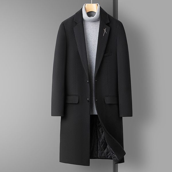 

men's wool blends 2023 fine men's fashion and leisure slim korean version with cashmere and thick solid color british style long w, Black