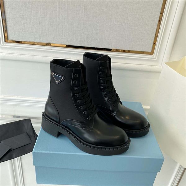 

2023 luxury ankle boot brushed leather and re-nylon boots women martin boots motorcycle boot combat boot ladies booties flat shoes, Black