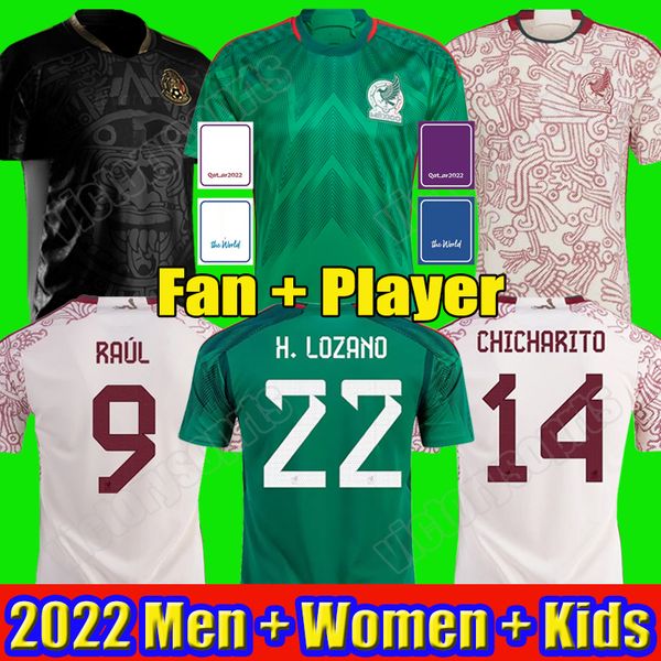 

player fans version 2022 2023 mexico soccer jerseys home green away new national copa america 21 22 23 chicharito lozano pineda vela raul me, Black;yellow