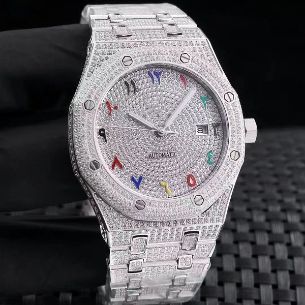 

mens watch automaton 41mm stainless steel inlaid full diamond silver strap mens luxury life, Slivery;brown