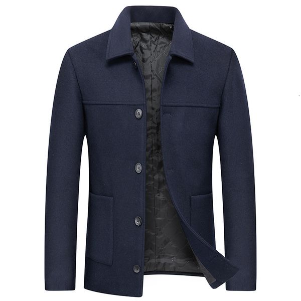 

men's wool blends mens navy wool blend trench coat autumn winter cotton jacket overcoat men casual business woolen pea coat windbreaker, Black